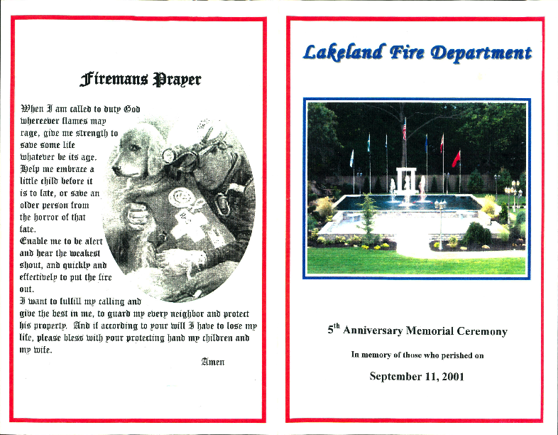 Pamphlet from 5th annual memorial ceremony at the Lakeland Fire Department