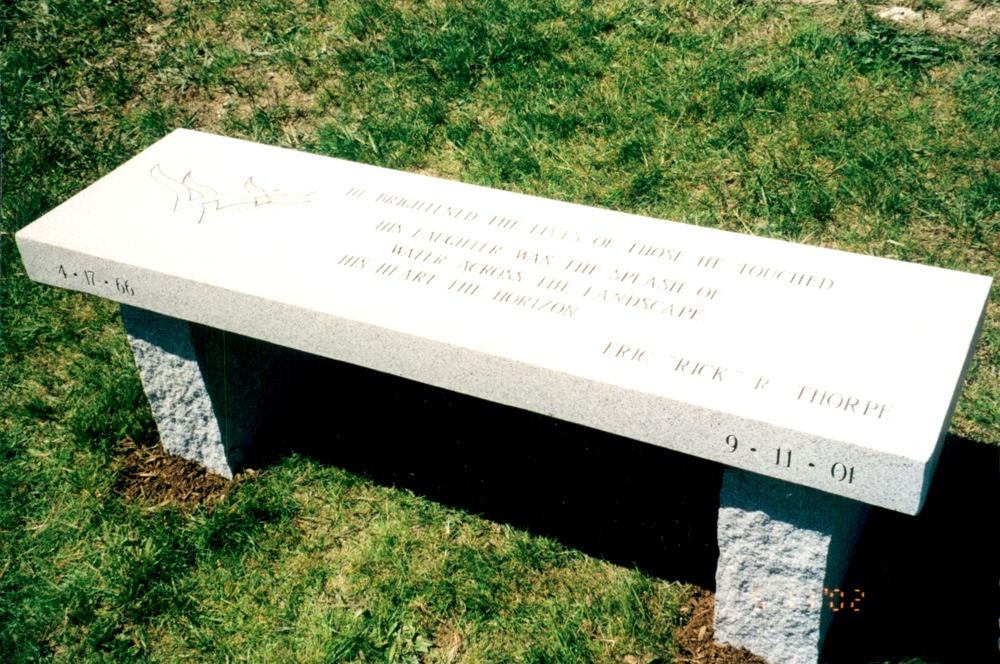 Photograph of Bench Installed as a Tribute to Eric at Enders Island in Mystic, CT. Eric's Memorial Service was held on this site, October 5, 2001.