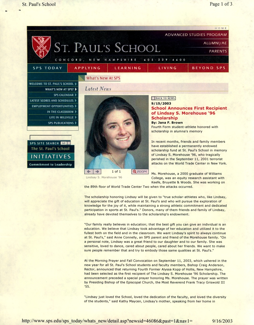 Article about Lindsay Morehouse on the St. Paul's School web site
